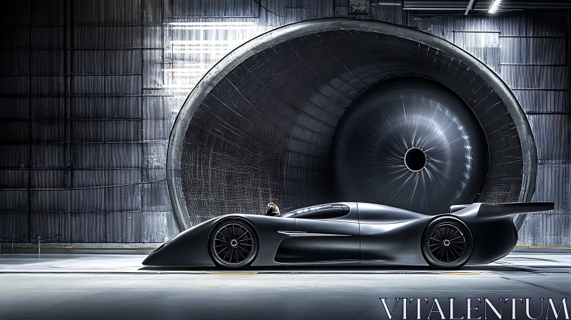 AI ART Aerodynamic Black Supercar Displayed in Wind Tunnel