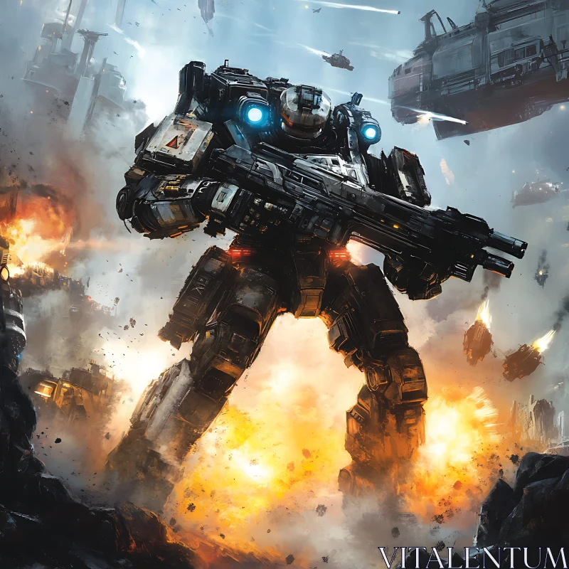 Futuristic Warzone with Giant Armored Robot AI Image