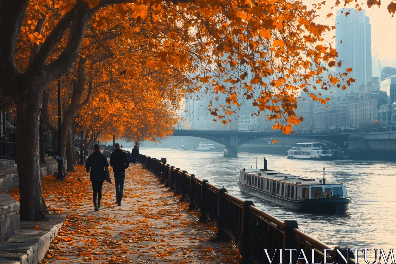 Golden Autumn Riverside Walkway with Boats and Cityscape AI Image