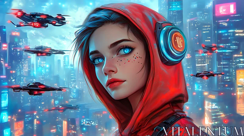 Cyberpunk Woman in Neon City with Drones AI Image