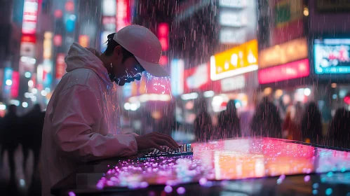 Neon-Lit Urban Landscape Under Rain