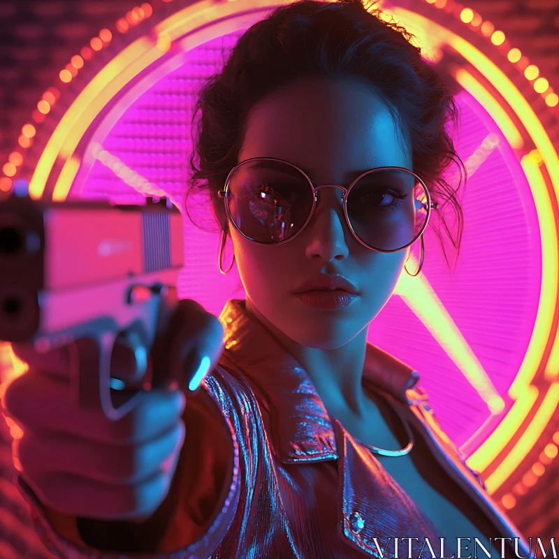 Neon Lit Woman Holding Gun AI Image