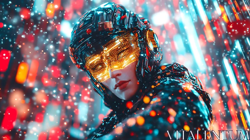 Cyborg with Neon Helmet and Abstract Lights AI Image