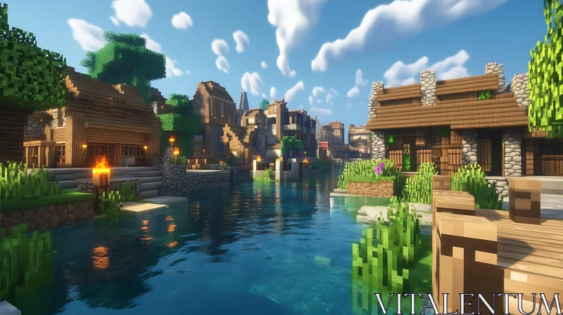 Scenic Minecraft Village on the Water AI Image