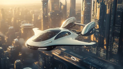 Advanced Flying Vehicle in a Futuristic Urban Setting