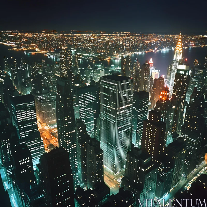 Aerial Cityscape at Night with Glowing Skyline AI Image