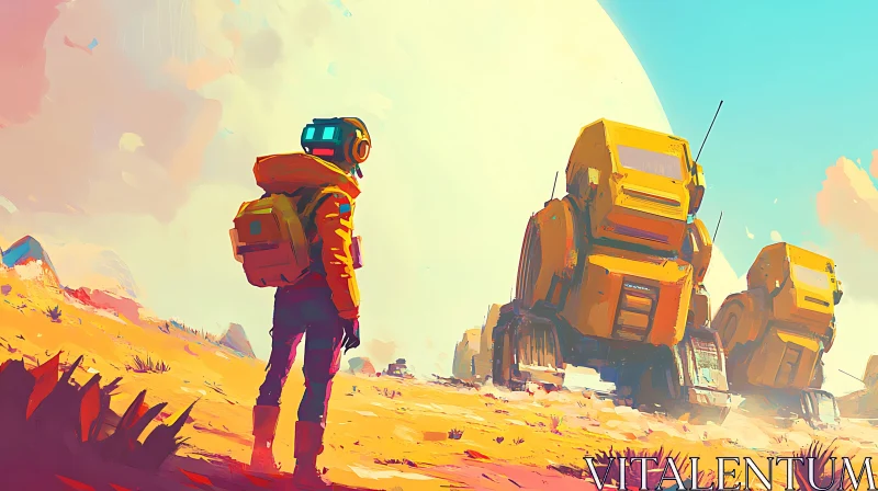 AI ART Lone Space Traveler Amidst Desert Robots