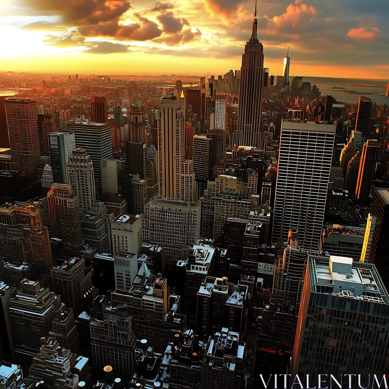 AI ART Aerial View of City at Sunset with Iconic Skyscrapers