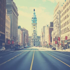 Urban Serenity: City Boulevard with Grand Clock Tower