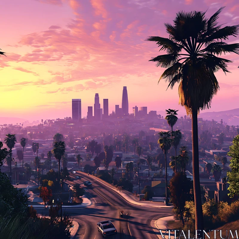 Cityscape Sunset with Palms and Skyline AI Image