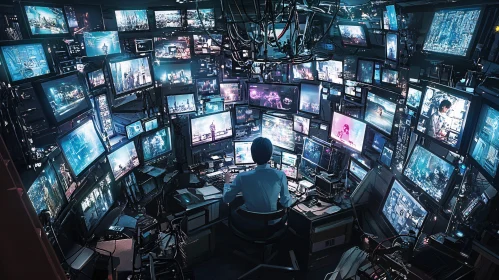 High-Tech Surveillance Room Filled with Monitors