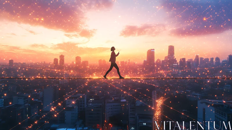 Tightrope Walker Above City at Sunset AI Image