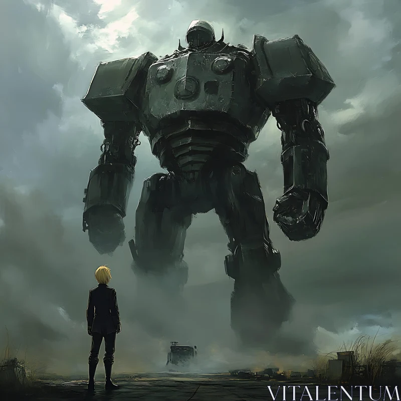 Ominous Robot and Individual in Desolate Setting AI Image