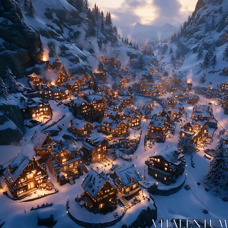 AI ART Cozy Snow-Covered Mountain Village at Dusk