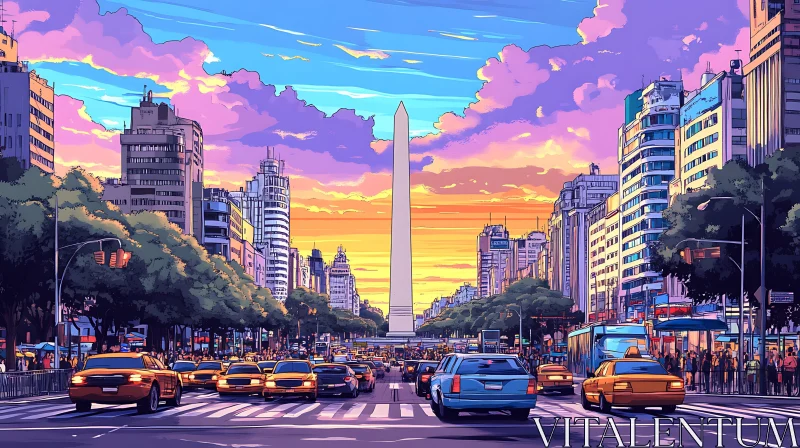 Urban Avenue with Obelisk at Dusk AI Image