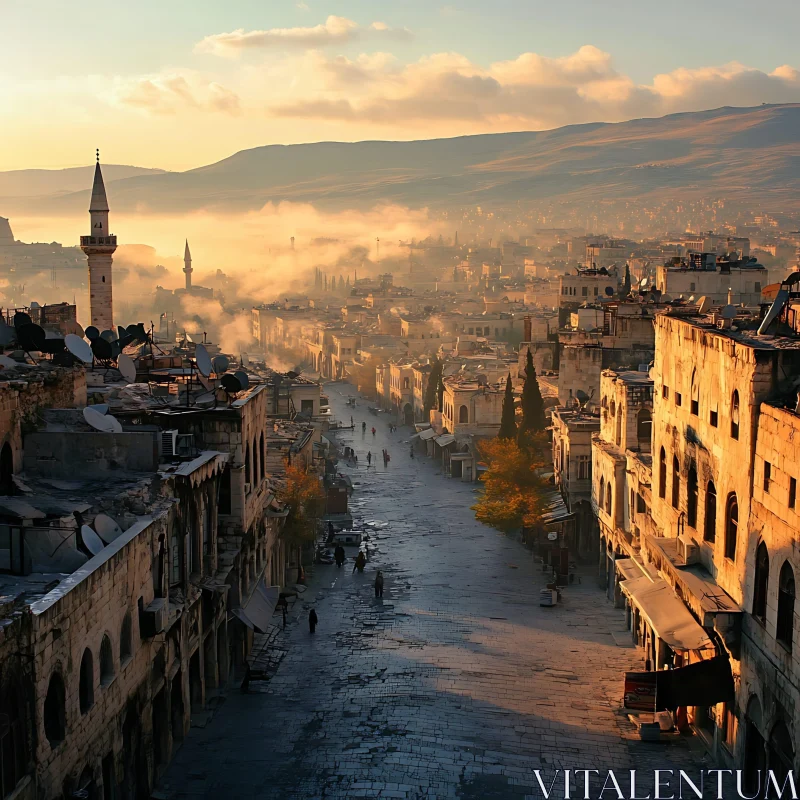 Historic Urban Street at Dusk with Soft Mist AI Image