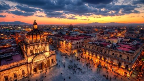 Aerial City View with Illuminated Cathedral and Sunset