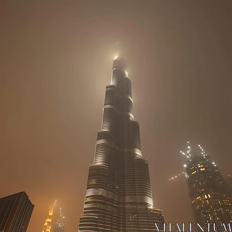 Towering Cityscape in Fog AI Image