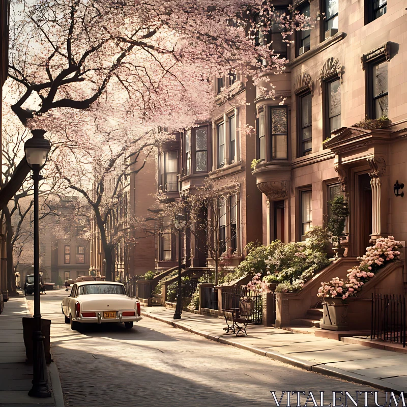 AI ART Urban Spring Street with Vintage Car and Blossoming Trees