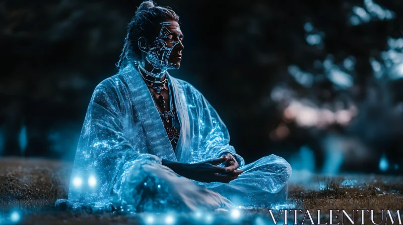 Meditating Cyborg in a Digital Glow AI Image