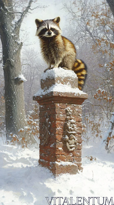 AI ART Raccoon and Snow-Covered Pillar