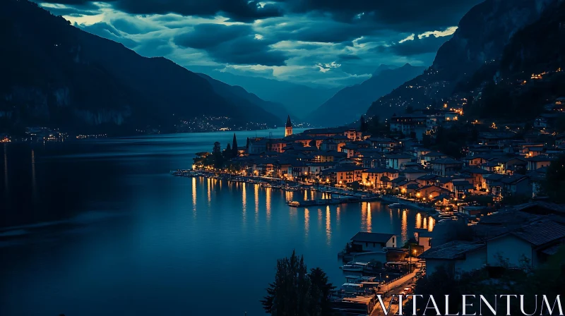 Nighttime Lakeside Town with Illuminated Reflections AI Image