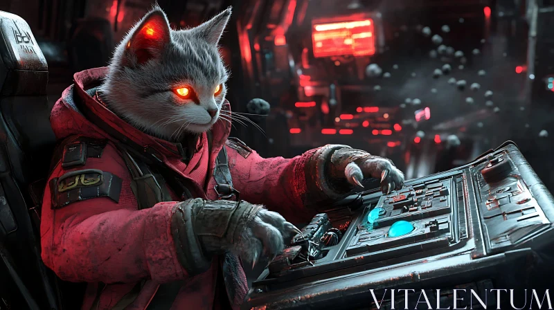 Futuristic Cat at Control Panel AI Image