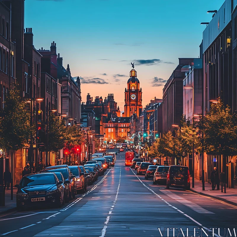 AI ART Urban Evening Scene with Illuminated Clock Tower