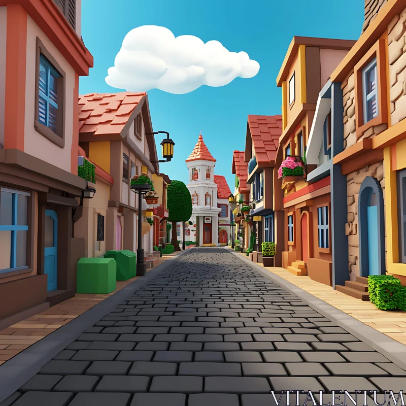 Charming Street with Colorful Architecture and Cobblestone Road AI Image