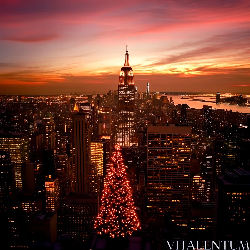 AI ART Empire State Building at Sunset with Christmas Tree