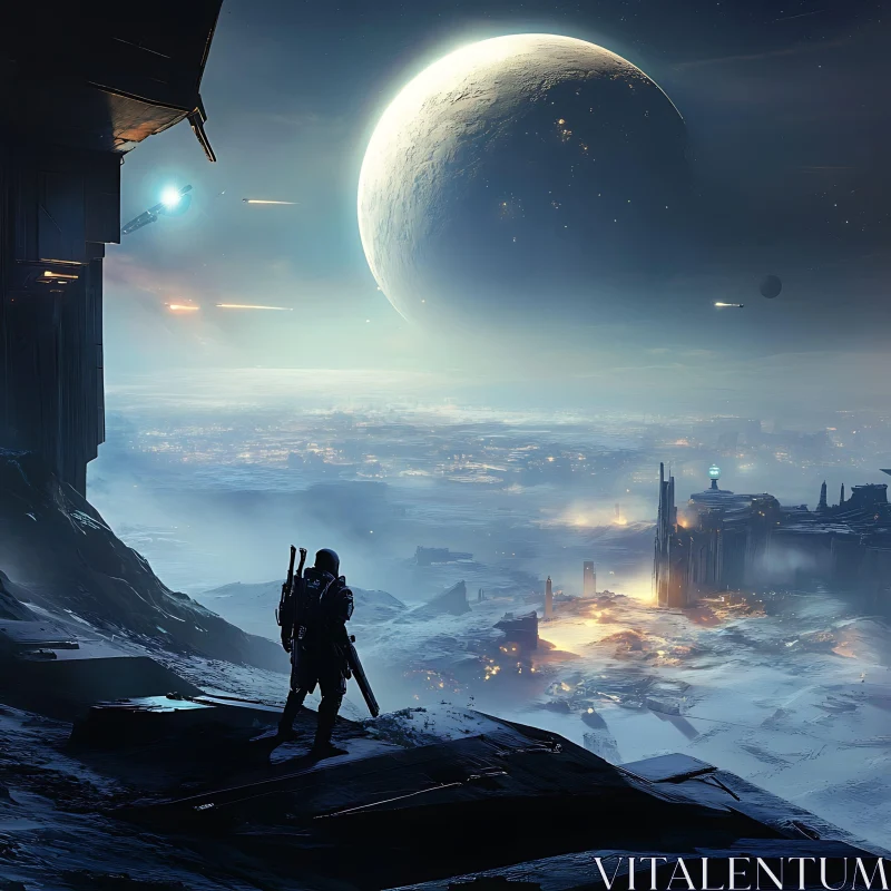 Futuristic Solitude: Soldier and City Under a Celestial Night AI Image