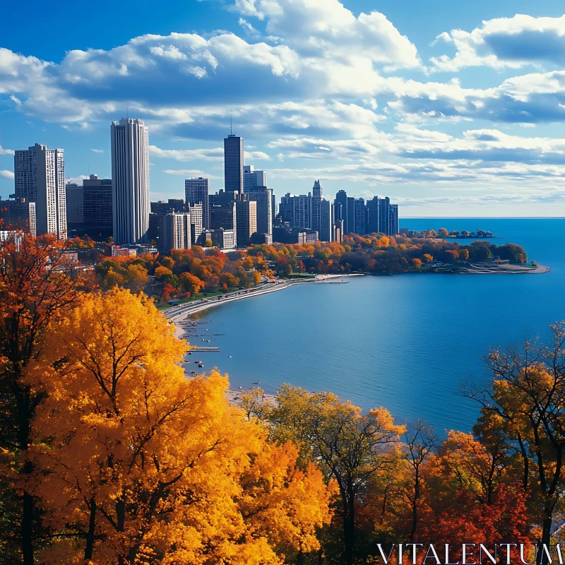 City Skyline with Autumn Colors and Lake AI Image