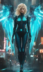 Cyborg Angel in Futuristic City