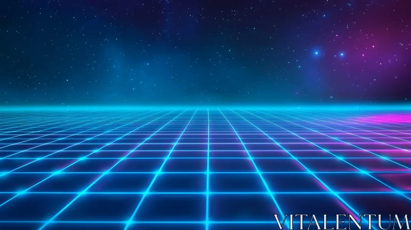 Neon Grid and Starry Sky in a Retro-Futuristic Setting AI Image