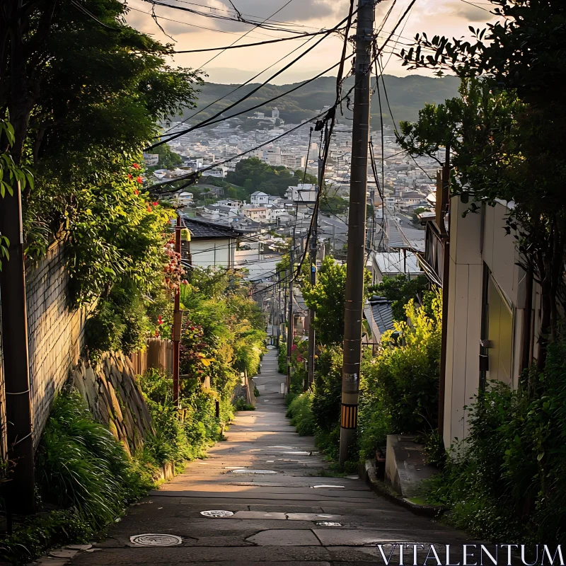 Serene Urban Path with Greenery and Sunset AI Image