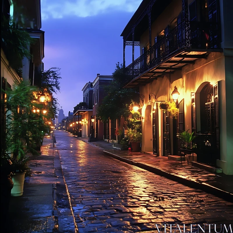 Wet Cobblestone Street at Night AI Image