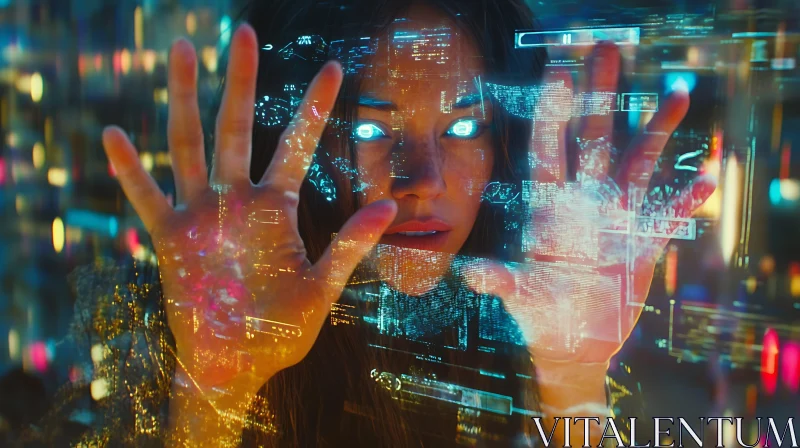 Cyberpunk Woman with Digital Hologram Interface AI Image