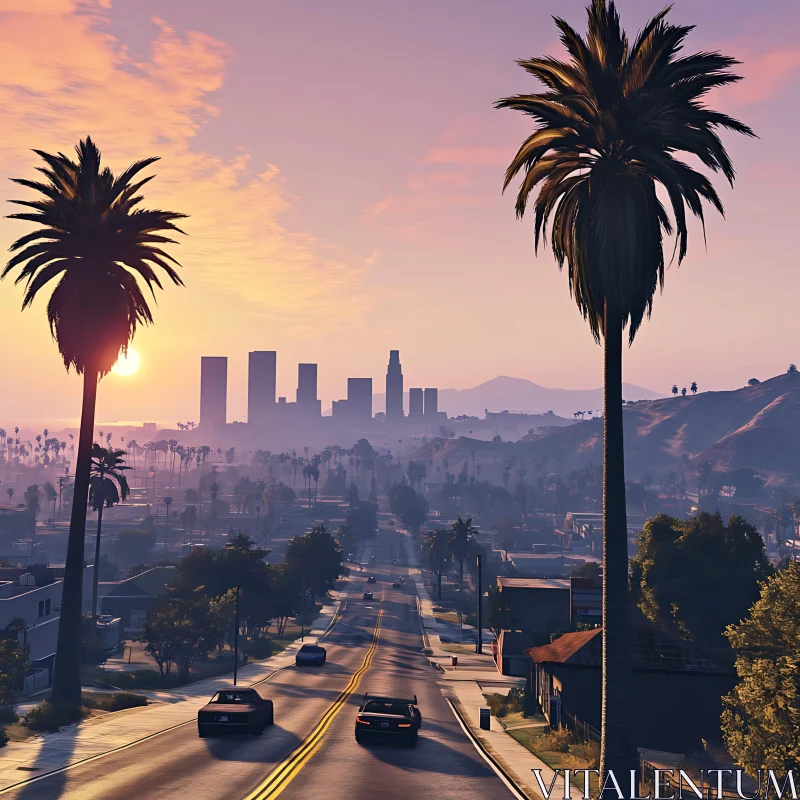 Urban Sunset with Palm Trees and City Skyline AI Image