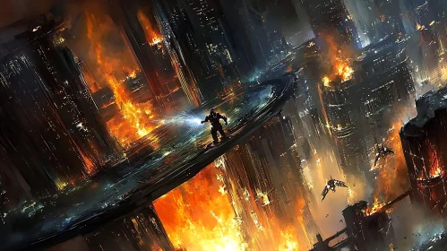 Apocalyptic Futuristic City with Fire and Drones