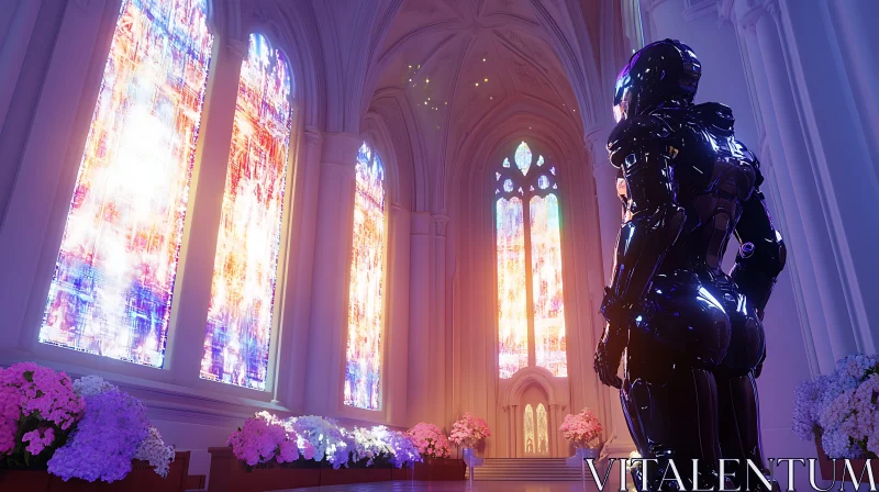 Futuristic Cyborg in Gothic Cathedral AI Image