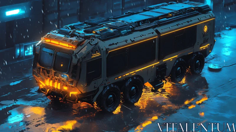 High-Tech Multi-Wheeled Vehicle in Cyberpunk City AI Image