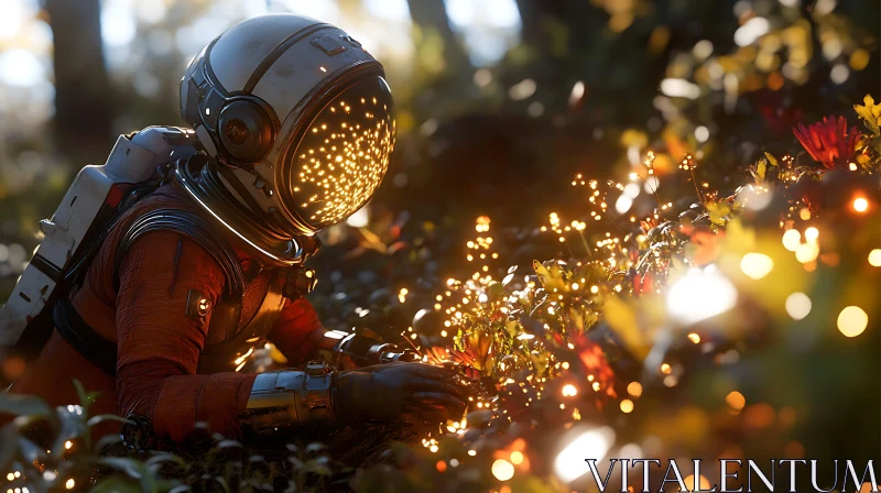 AI ART Astronaut Amidst Enchanting Glowing Flowers in a Forest