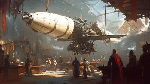 Steampunk Engineers Crafting a Spaceship in Workshop