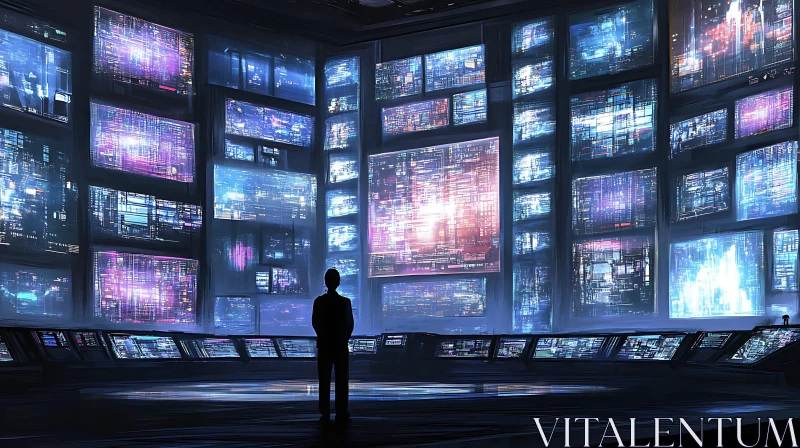 High-Tech Control Room with Silhouetted Figure AI Image