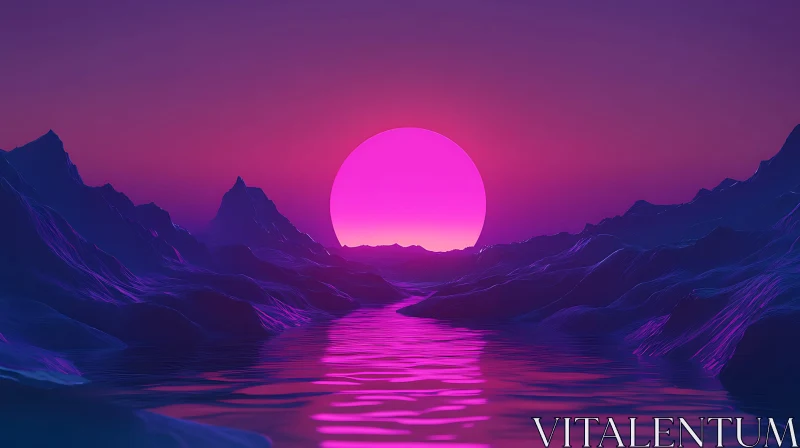 Ethereal Pink Sunset Over Dramatic Mountain Landscape AI Image