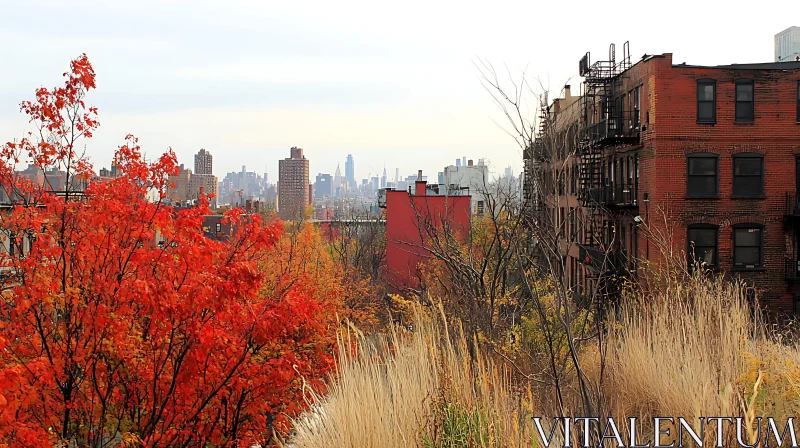 Autumn in the City: Red Leaves and Skyscrapers AI Image