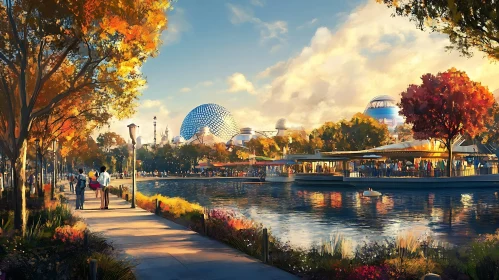 Autumnal Park by the Waterfront with Modern Dome Structure