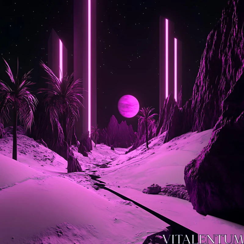 Futuristic Neon Nightscape with Purple Planet AI Image