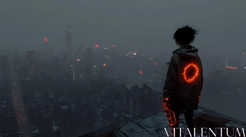 Neon-Clad Figure Overlooking Foggy Cyberpunk City AI Image