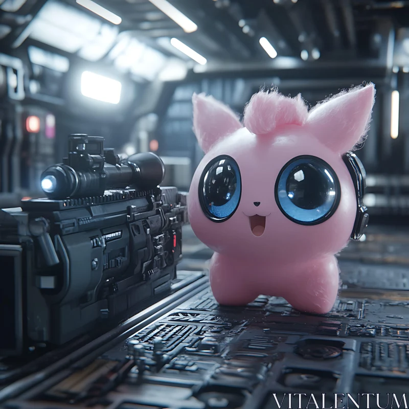 Cute Cartoon Character with Futuristic Weapon in Cyberpunk World AI Image